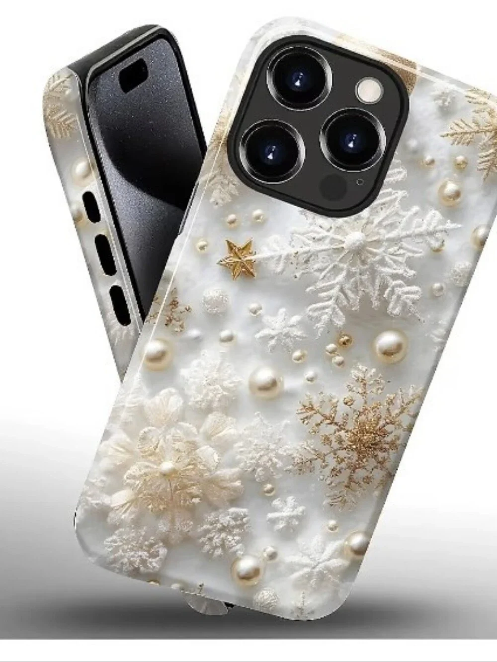 iPhone 15 Pro Cell Phone Case NEW -White & Gold -Snowflakes -Christmas